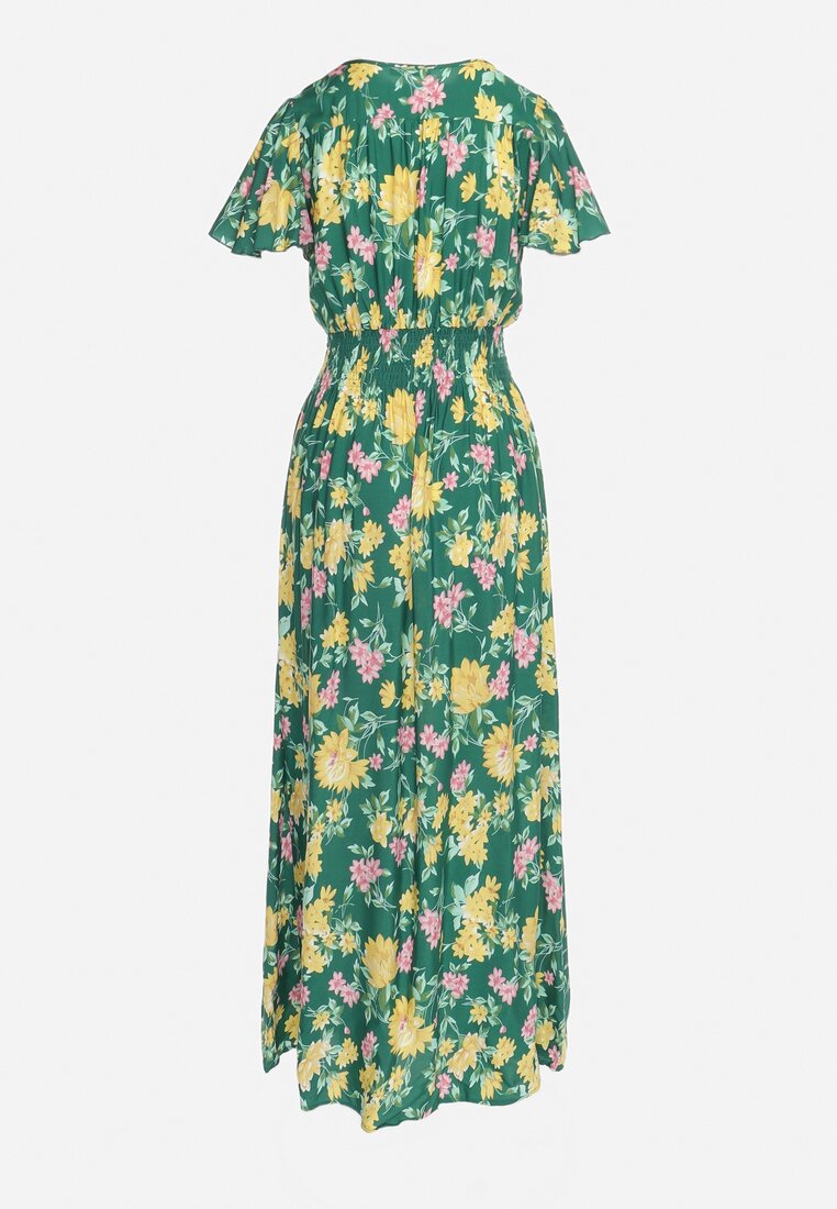 Zielono-Żółta Wiskozowa Sukienka Maxi o Rozkloszowanym Kroju i Kopertowym Dekolcie w Kwiaty Arvelia
