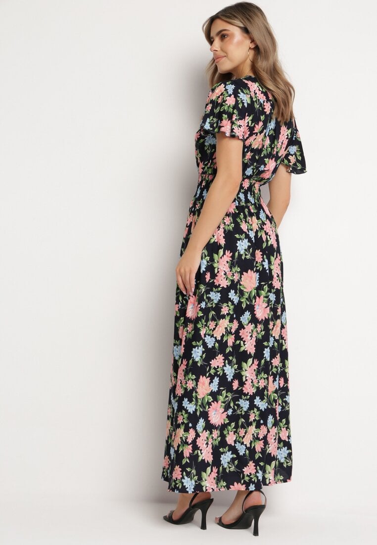 Granatowo-Różowa Wiskozowa Sukienka Maxi o Rozkloszowanym Kroju i Kopertowym Dekolcie w Kwiaty Arvelia