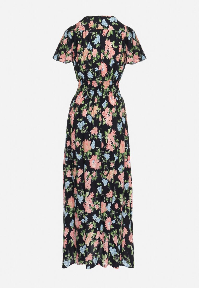 Granatowo-Różowa Wiskozowa Sukienka Maxi o Rozkloszowanym Kroju i Kopertowym Dekolcie w Kwiaty Arvelia