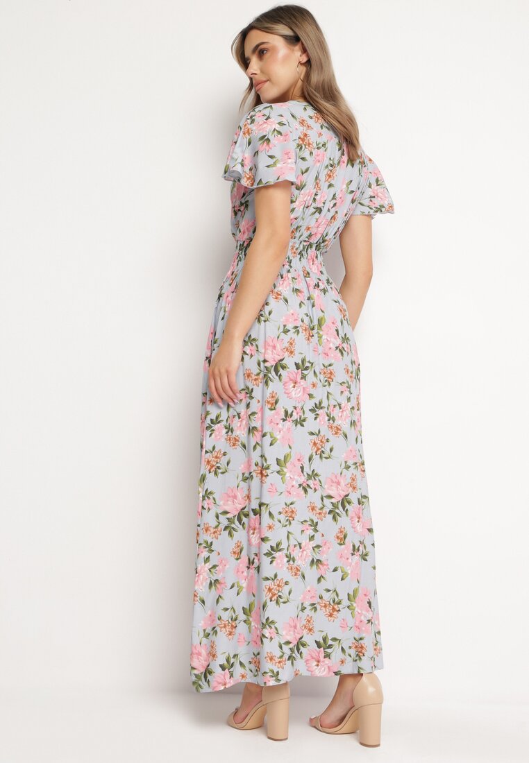 Szaro-Różowa Wiskozowa Sukienka Maxi o Rozkloszowanym Kroju i Kopertowym Dekolcie w Kwiaty Arvelia