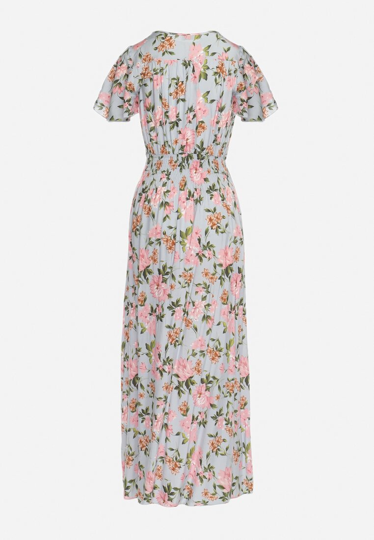 Szaro-Różowa Wiskozowa Sukienka Maxi o Rozkloszowanym Kroju i Kopertowym Dekolcie w Kwiaty Arvelia