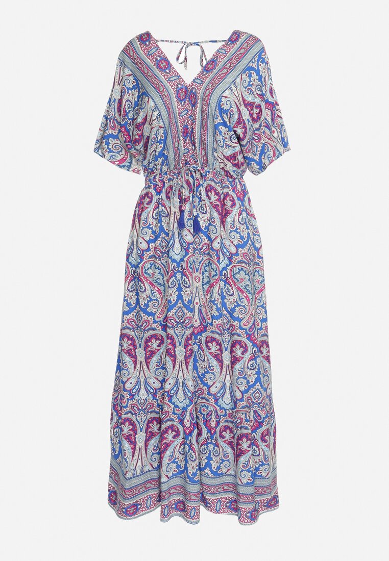 Niebiesko-Fuksjowa Sukienka Maxi z Wiskozy w Stylu Boho z Wzorem Paisley i Gumką w Pasie Naroli