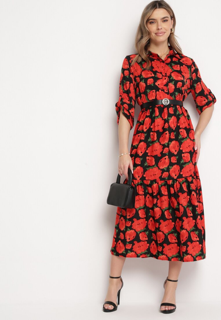 Czerwono-Czarna Rozkloszowana Sukienka Maxi w Abstrakcyjne Kwiaty z Guzikami Przy Dekolcie Millara