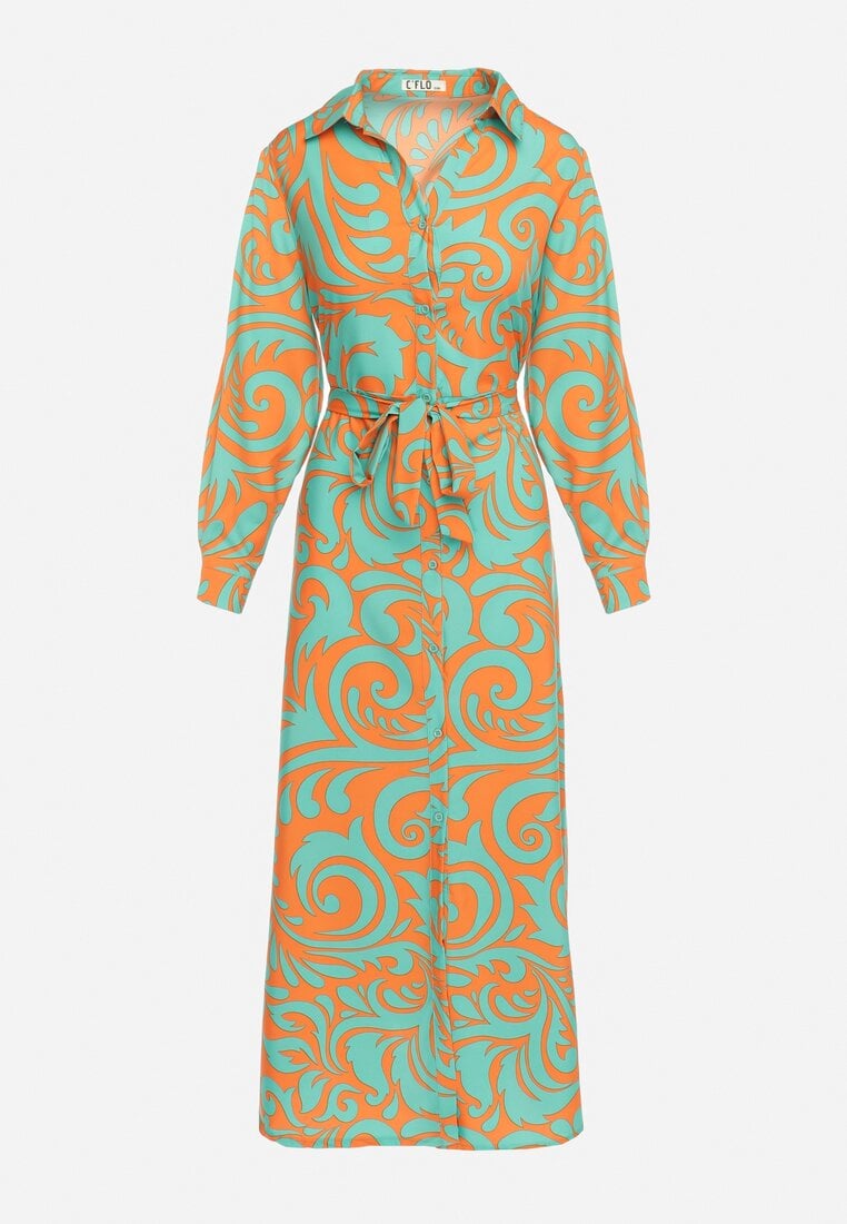 Zielono-Pomarańczowa Koszulowa Sukienka Maxi z Materiałowym Paskiem w Abstrakcyjne Wzory Terins