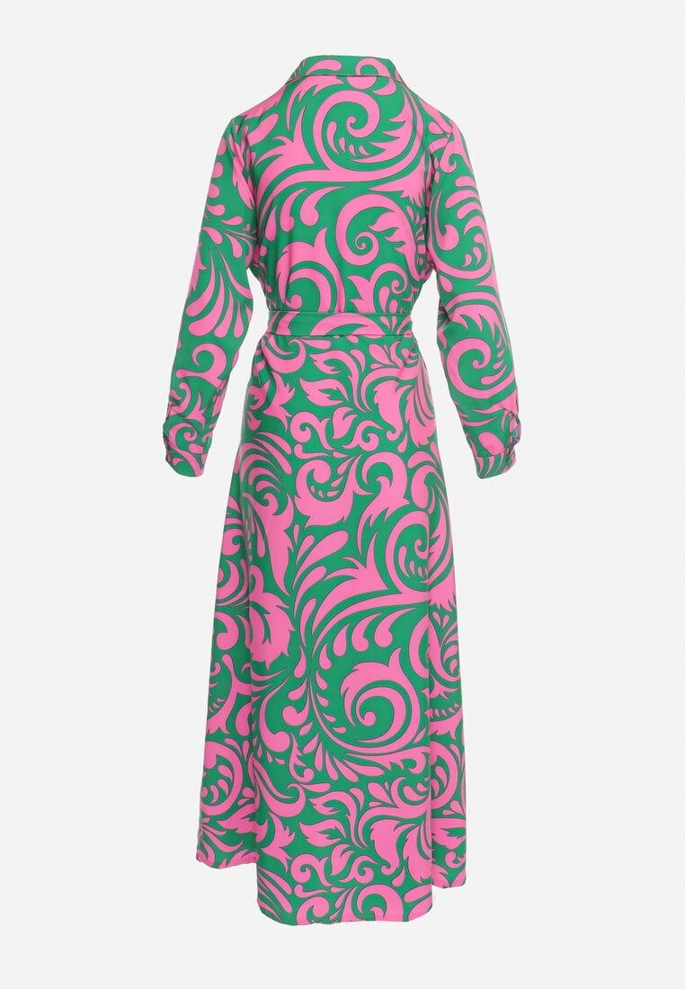 Zielono-Różowa Koszulowa Sukienka Maxi z Materiałowym Paskiem w Abstrakcyjne Wzory Terins