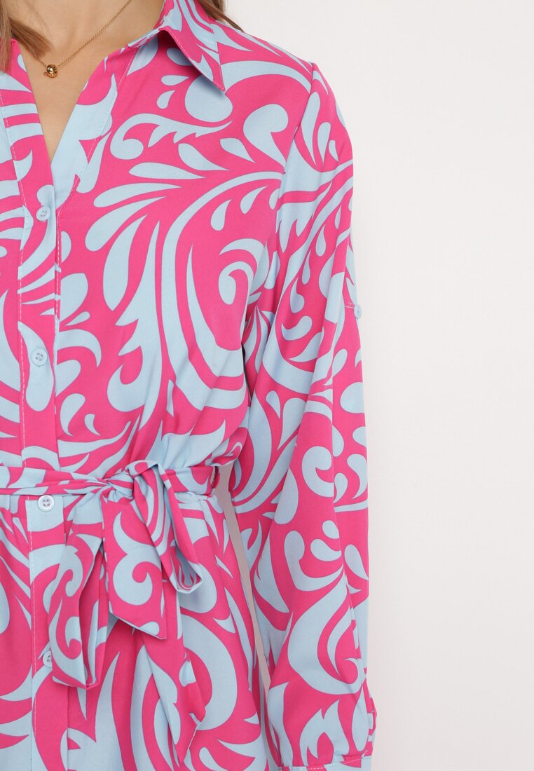 Fuksjowo-Niebieska Koszulowa Sukienka Maxi z Materiałowym Paskiem w Abstrakcyjne Wzory Terins