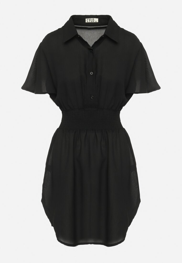 Czarna Koszulowa Sukienka Mini z Wiskozy o Rozkloszowanym Kroju Hokese