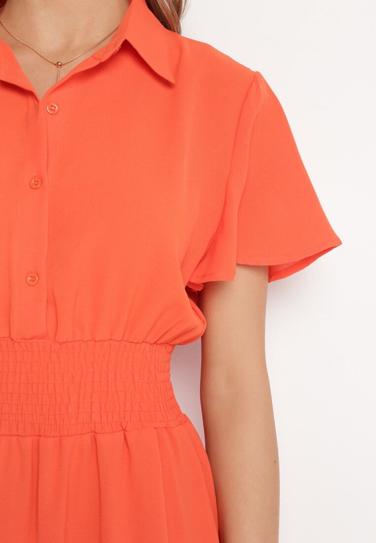 Pomarańczowa Koszulowa Sukienka Mini z Wiskozy o Rozkloszowanym Kroju Hokese