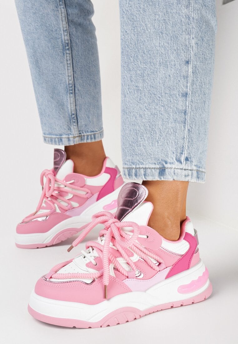 Różowe Sneakersy na Grubej Podeszwie z Kolorowymi i Metalicznymi Wstawkami Ecastia