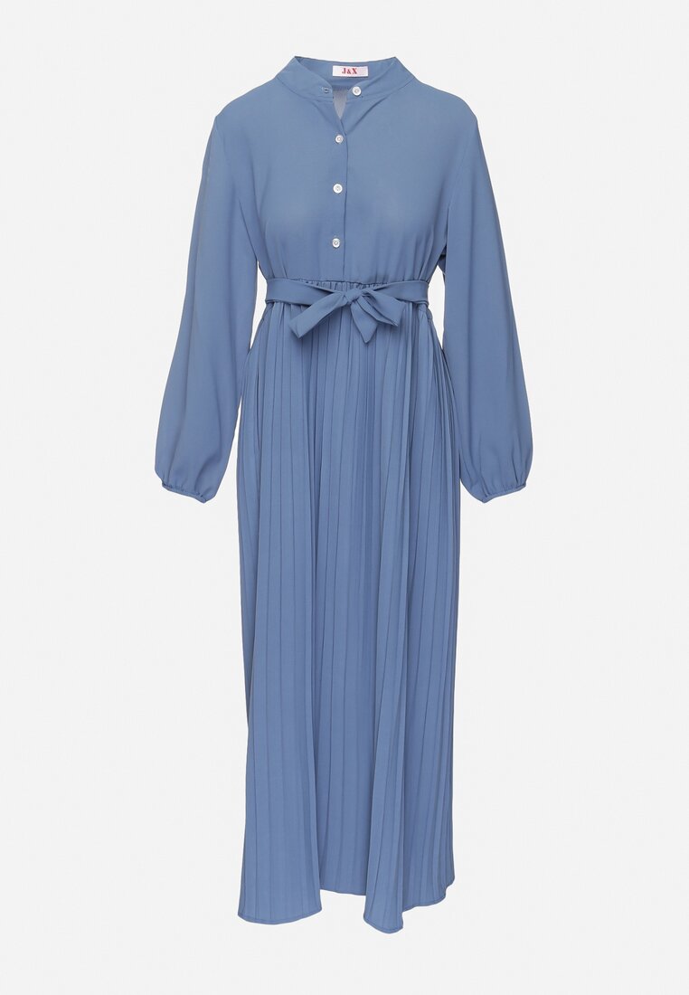 Niebieska Rozkloszowana Sukienka Maxi z Plisowanym Dołem i Wiązanym Paskiem Nollira