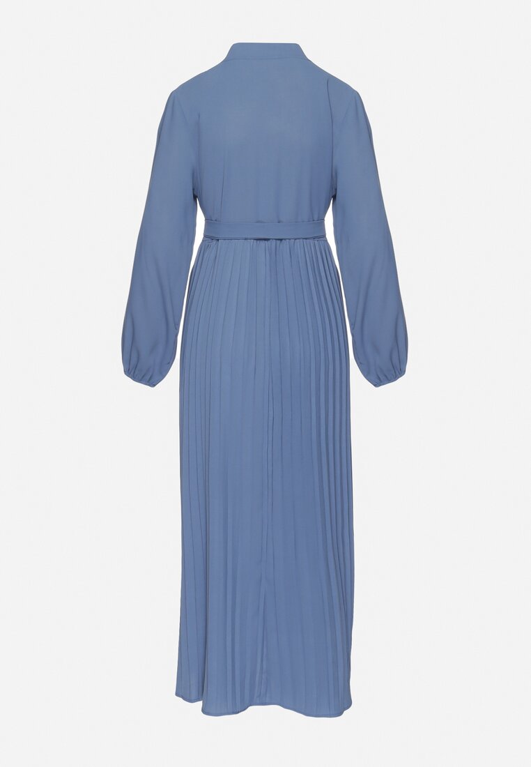 Niebieska Rozkloszowana Sukienka Maxi z Plisowanym Dołem i Wiązanym Paskiem Nollira