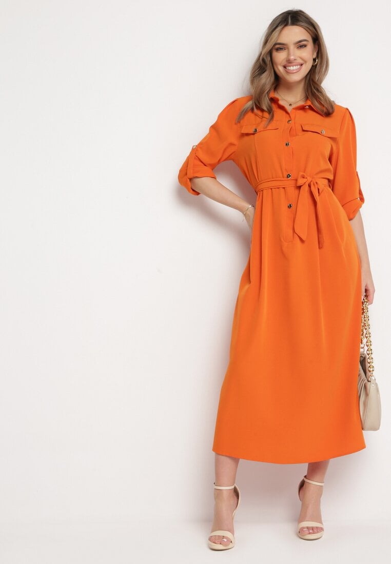Pomarańczowa Rozkloszowana Sukienka Maxi z Koszulową Górą i Wiązanym Paskiem Indiga