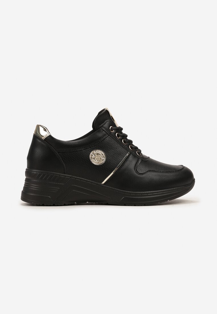 Czarne Sneakersy ze Skórzaną Wkładką na Niskim Koturnie z Metalicznymi Wstawkami Aselira