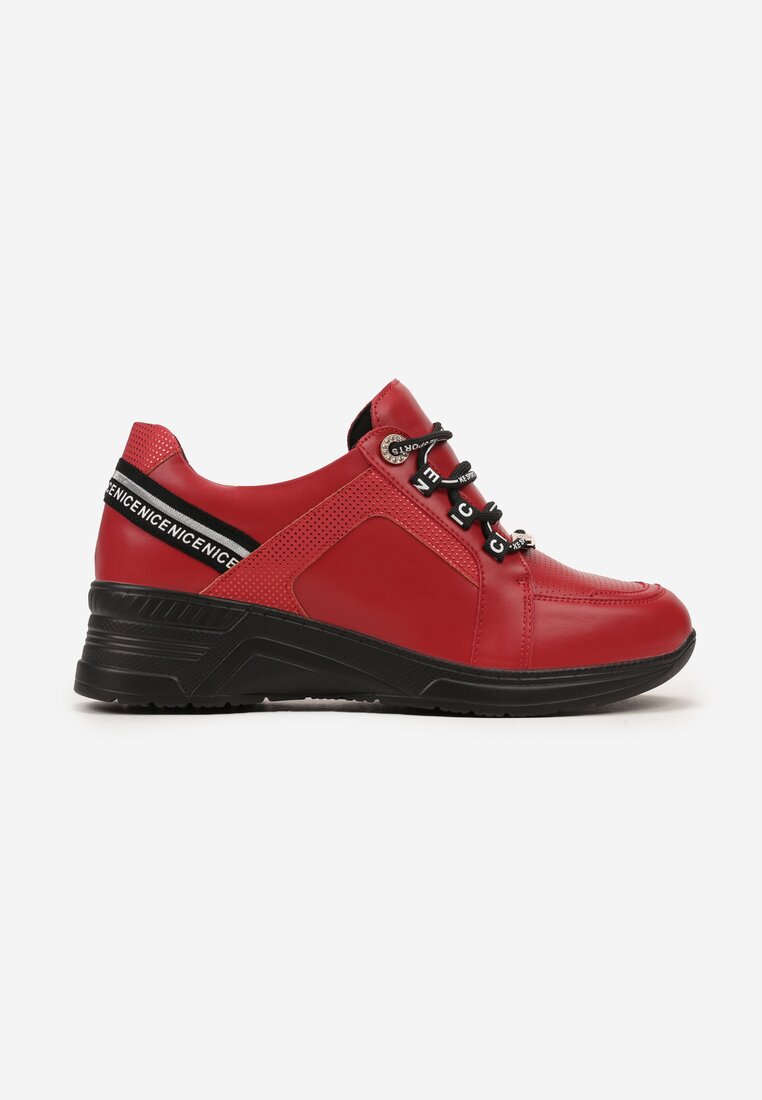 Czerwone Sneakersy na Niskim Koturnie z Ozdobnymi Napisami ze Skórzaną Wkładką Drilvia