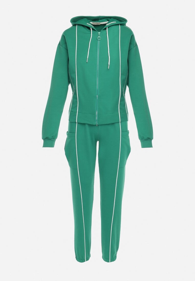 Zielony Komplet Dresowy Ozdobiony Kontrastowymi Lamówkami z Bluzą i Spodniami Svetoria