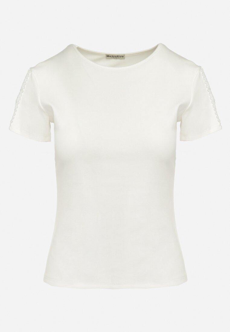 Biały Bawełniany T-shirt z Ażurową Wstawką Elvinna