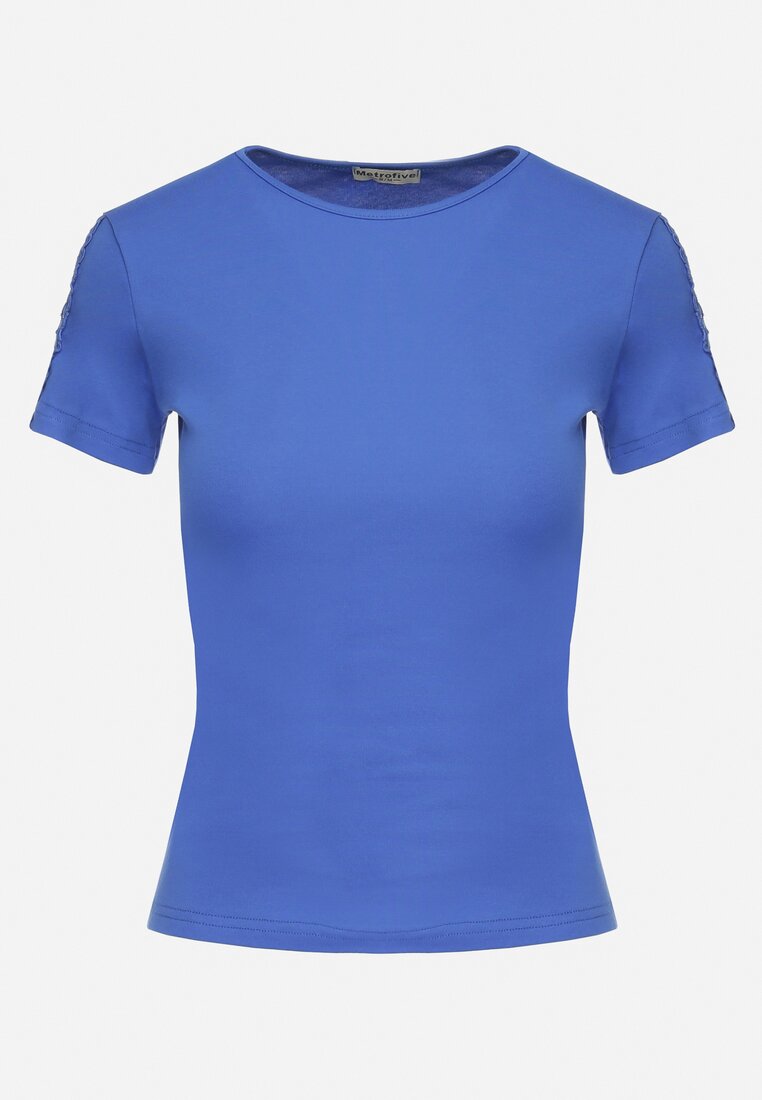 Niebieski Bawełniany T-shirt z Ażurową Wstawką Elvinna