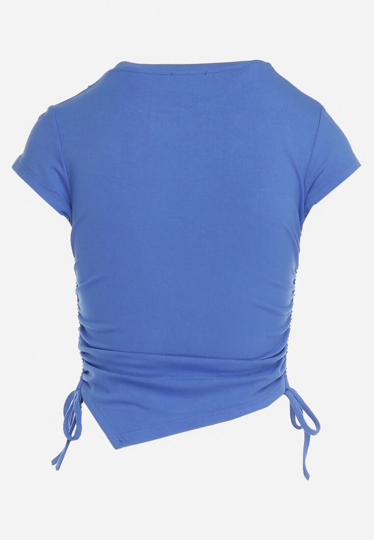 Niebieski Wiskozowy T-shirt z Ozdobnym Napisem i Troczkiem po Bokach Brietta