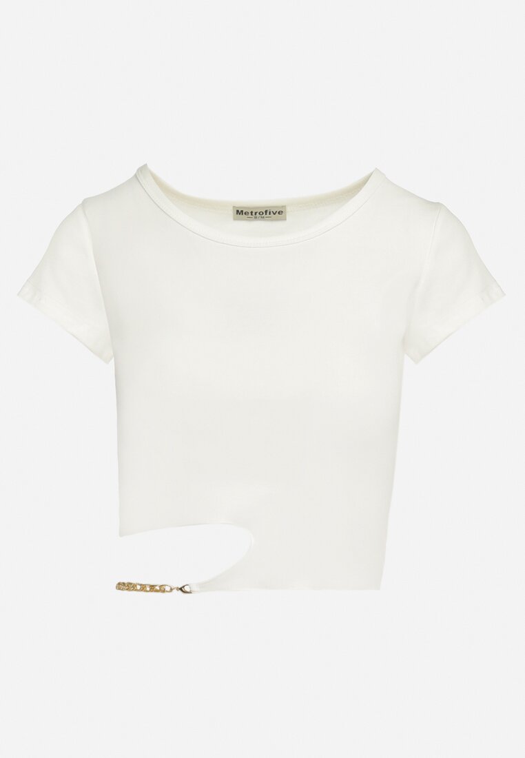 Biały Bawełniany T-shirt z Asymetrycznym Wycięciem i Ozdobnym Łańcuszkiem Glitia