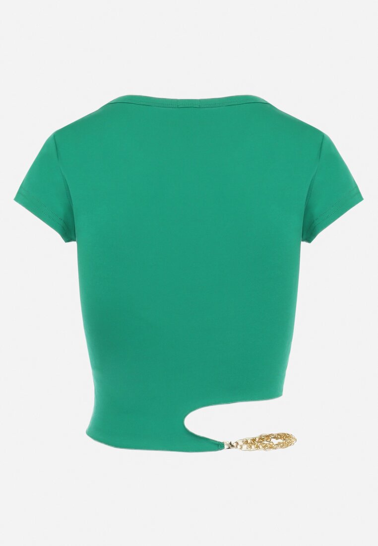 Zielony Bawełniany T-shirt z Asymetrycznym Wycięciem i Ozdobnym Łańcuszkiem Glitia