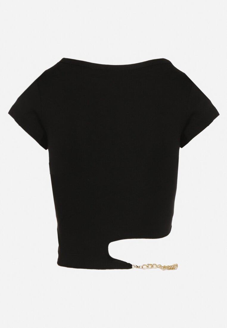 Czarny Bawełniany T-shirt z Asymetrycznym Wycięciem i Ozdobnym Łańcuszkiem Glitia