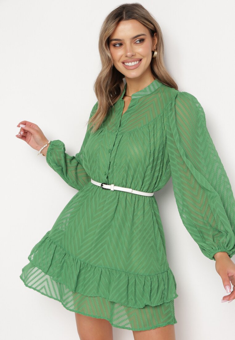 Zielona Rozkloszowana Sukienka Mini z Bufiastymi Rękawami i Falbanką Illathi