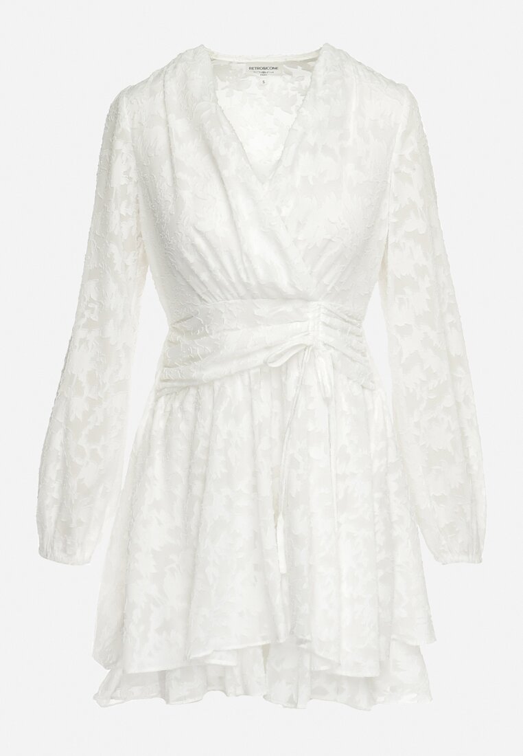 Biała Rozkloszowana Sukienka Mini z Plumeti o Kopertowym Kroju Tayeta