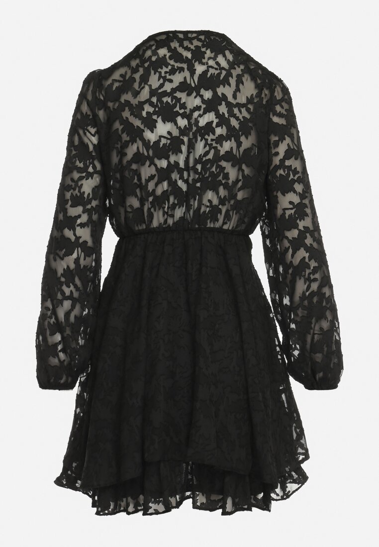 Czarna Rozkloszowana Sukienka Mini z Plumeti o Kopertowym Kroju Tayeta