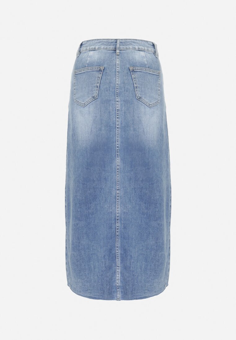 Niebieska Spódnica Jeansowa Midi z Rozcięciem z Przodu Laerissa