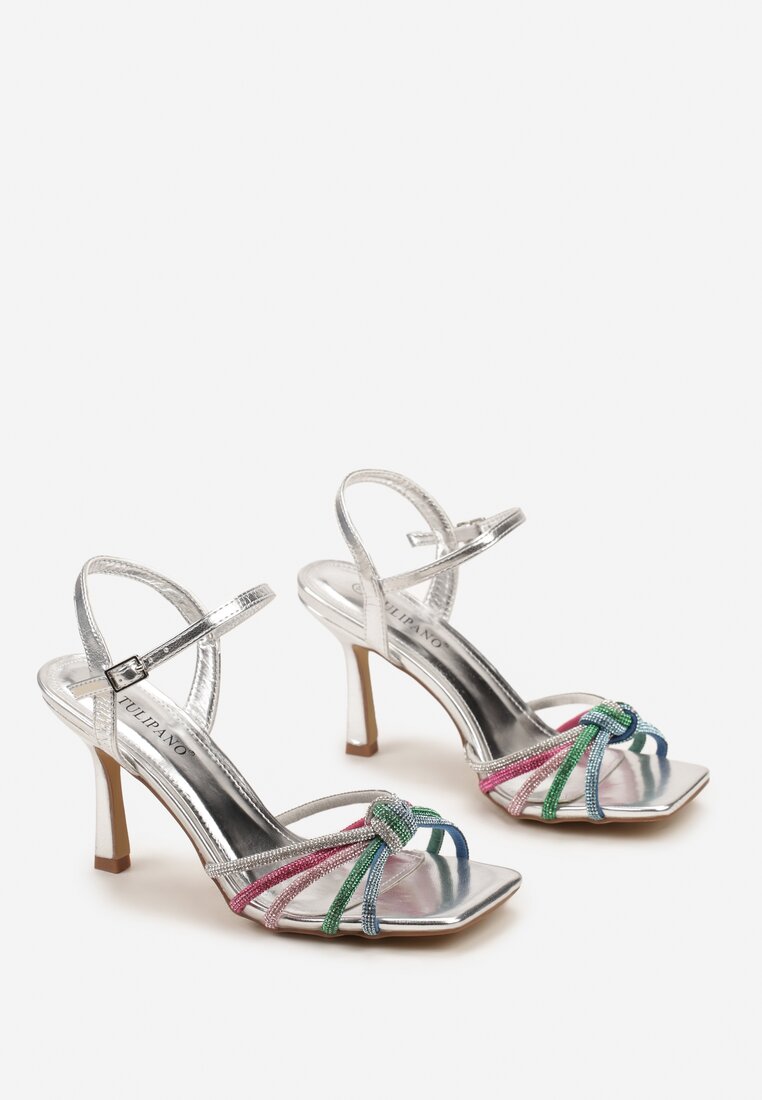 Srebrne Sandały na Szpilce z Supełkiem i Cyrkoniami z Przodu Nitalia