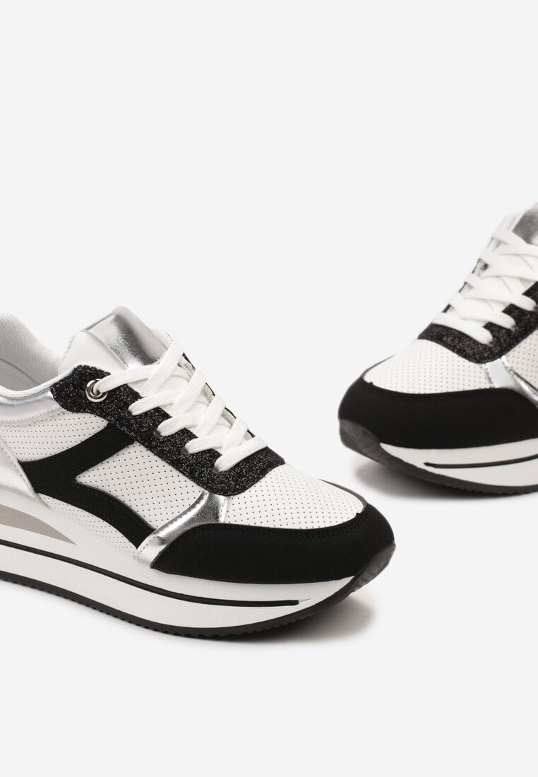 Biało-Czarne Sneakersy na Grubej Podeszwie z Błyszczącymi Wstawkami i Sznurowaniem Lirevasa