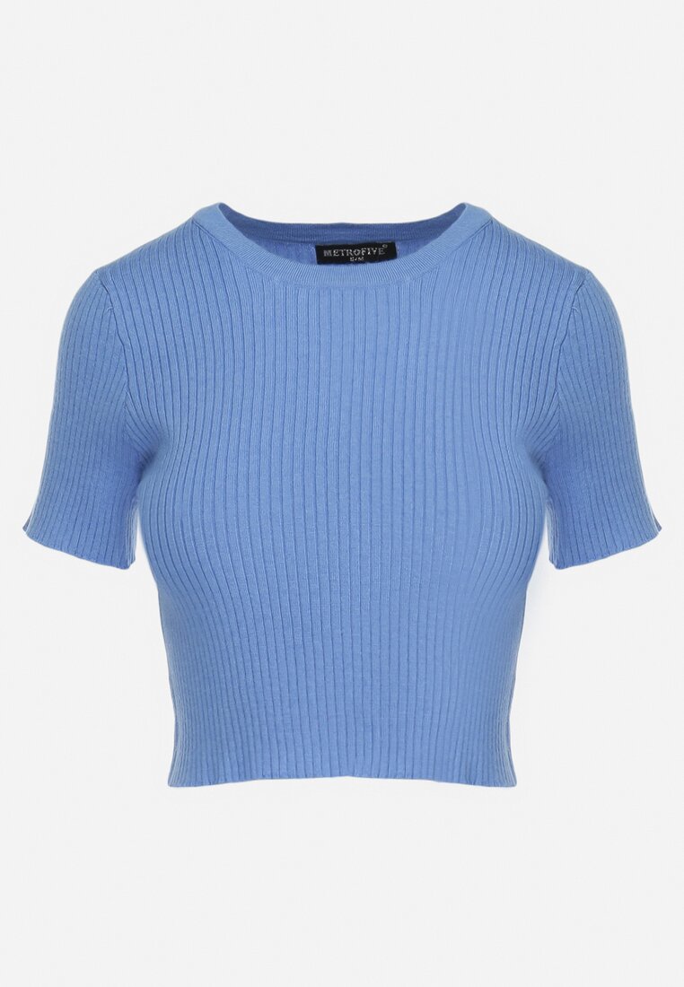 Niebieski Krótki T-shirt z Prążkowanej Dzianiny Clutia