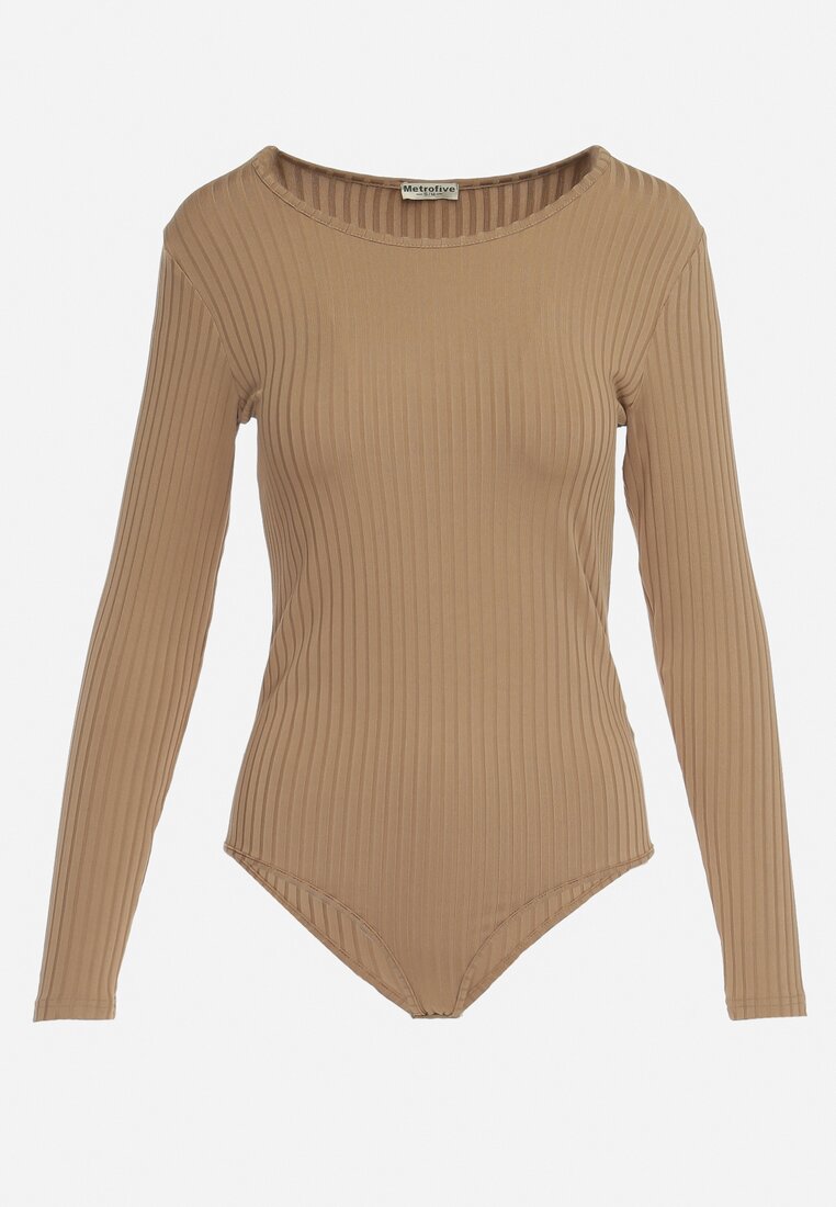 Jasnobrązowe Prążkowane Body z Długimi Rękawami Ainter