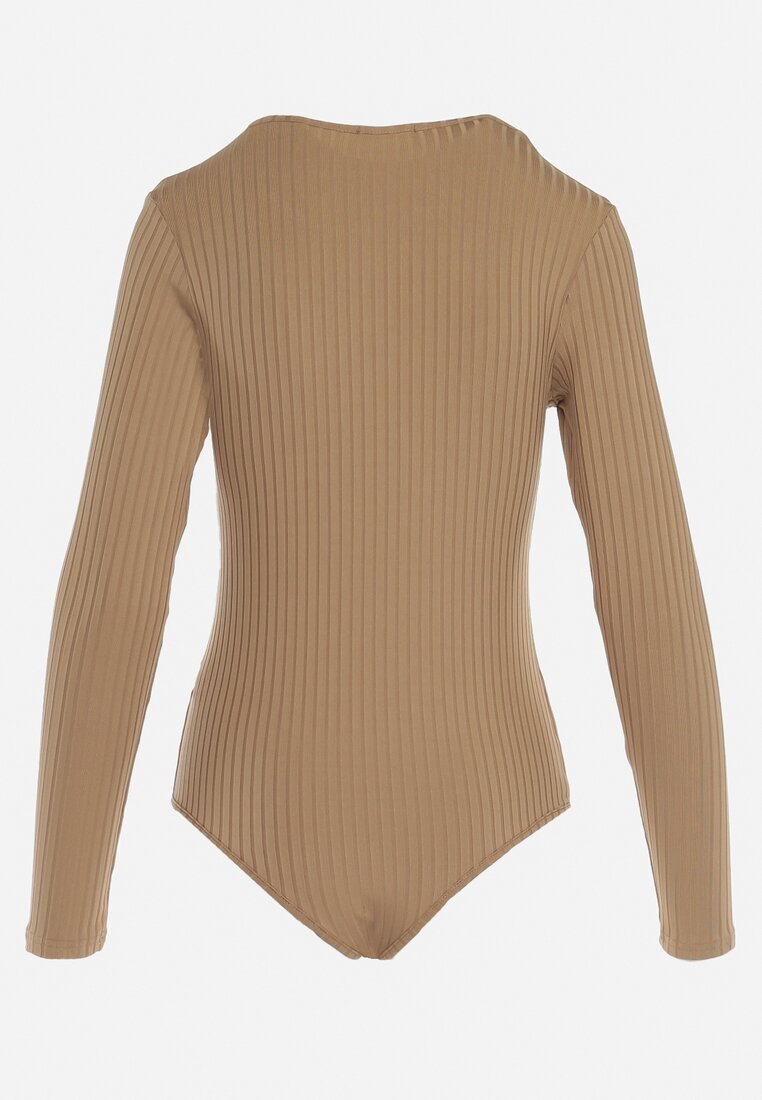 Jasnobrązowe Prążkowane Body z Długimi Rękawami Ainter