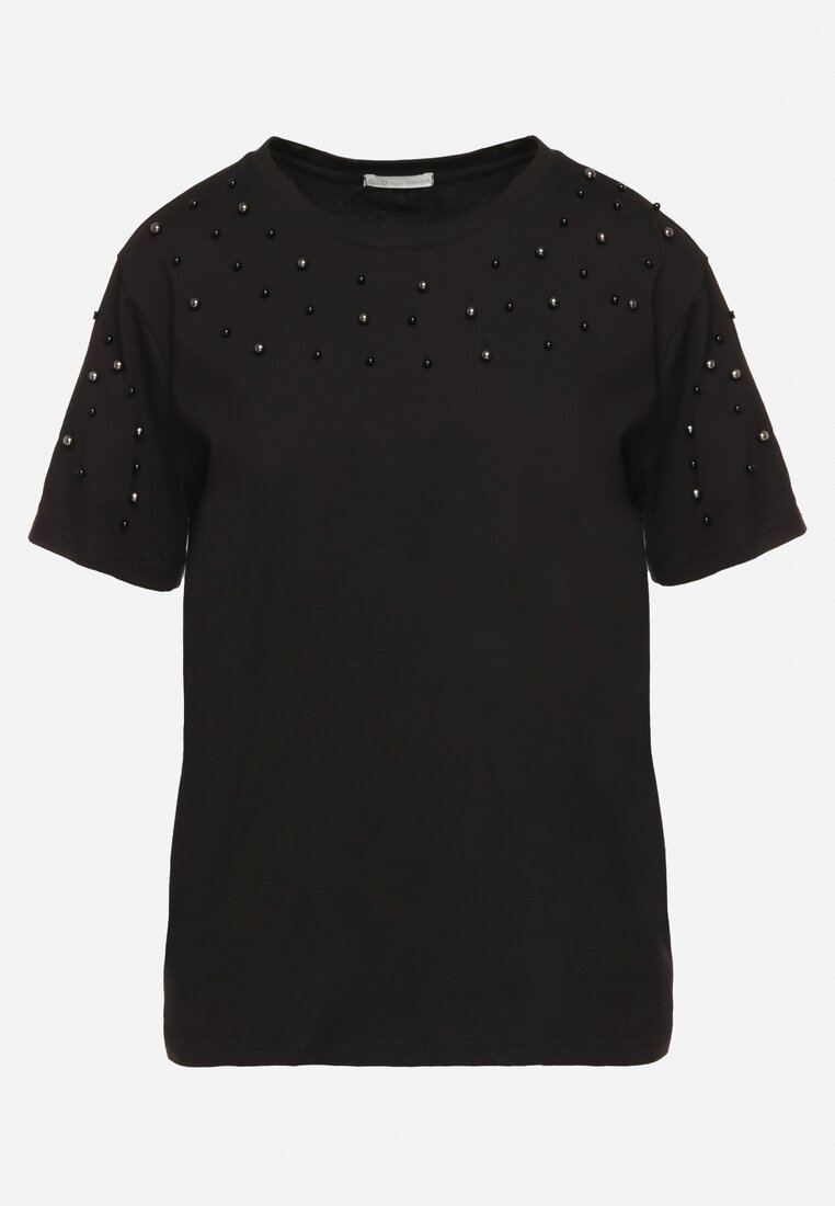 Czarny Bawełniany T-shirt z Ozdobnymi Koralikami Lorinal