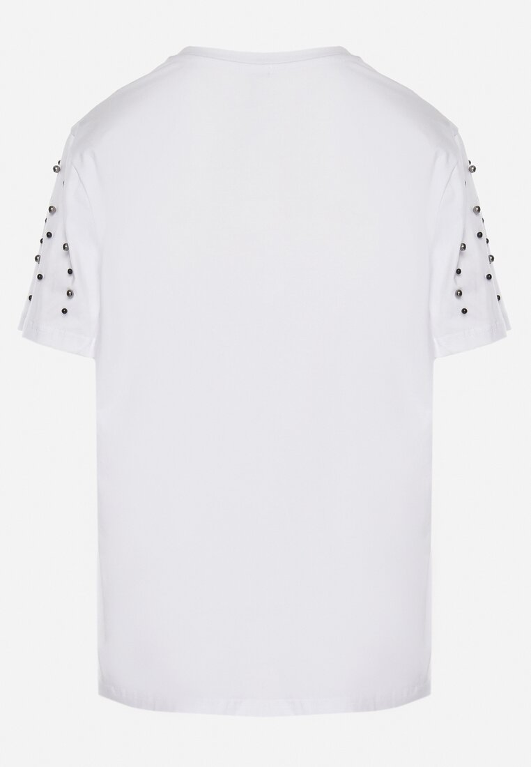 Biały Bawełniany T-shirt z Ozdobnymi Koralikami Lorinal