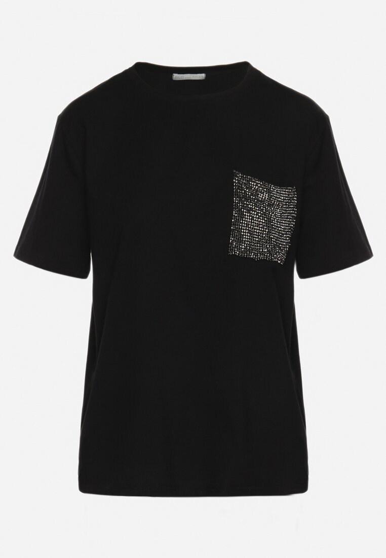 Czarny T-shirt z Kieszonką Ozdobioną Cyrkoniami Ariless