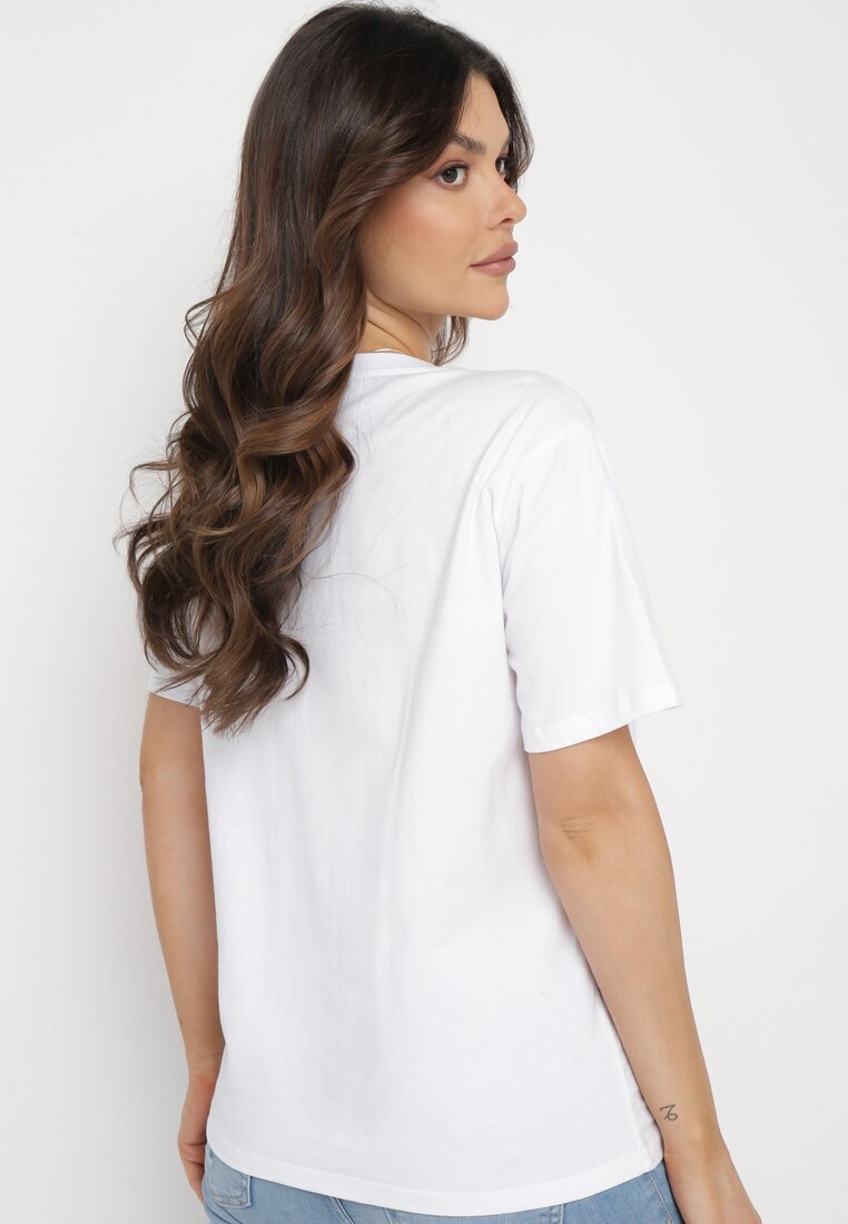 Biały T-shirt Ozdobiony Krótkimi Frędzlami i Koralikami Ralleni