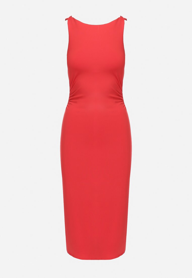 Czerwona Dopasowana Sukienka Midi na Szerokich Ramiączkach z Marszczeniami Kanile