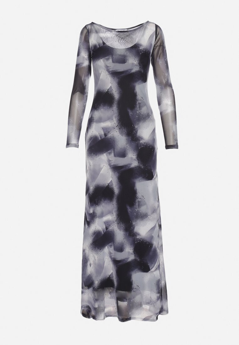 Czarno-Szara Sukienka Siateczkowa Maxi w Abstrakcyjny Wzór Tie-Dye Orelad