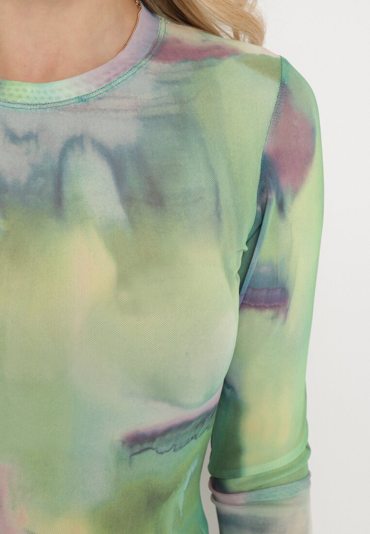 Zielono-Beżowa Siateczkowa Bluzka Ozdobiona Abstrakcyjnym Marmurkowym Wzorem Arnileme