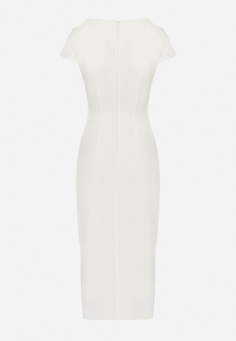 Biała Sukienka Midi z Kwadratowym Dekoltem Revinane