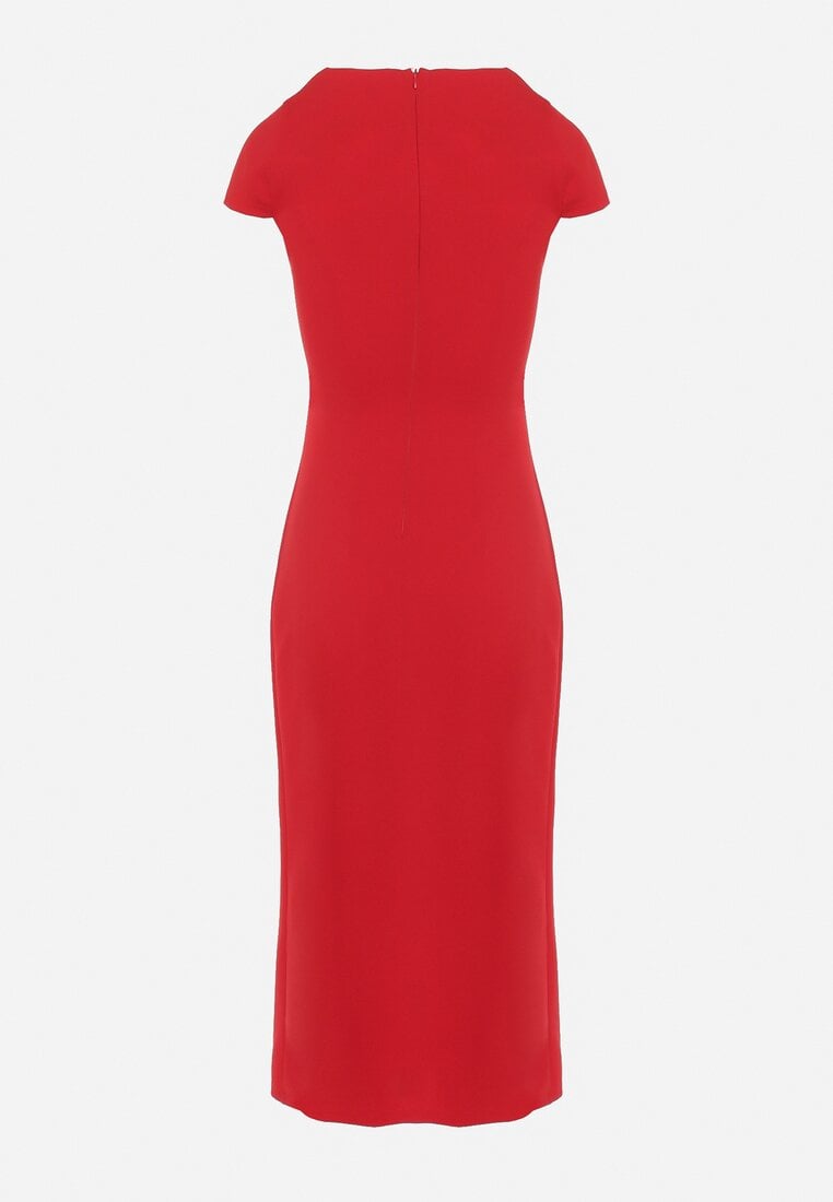 Czerwona Sukienka Midi z Kwadratowym Dekoltem Revinane