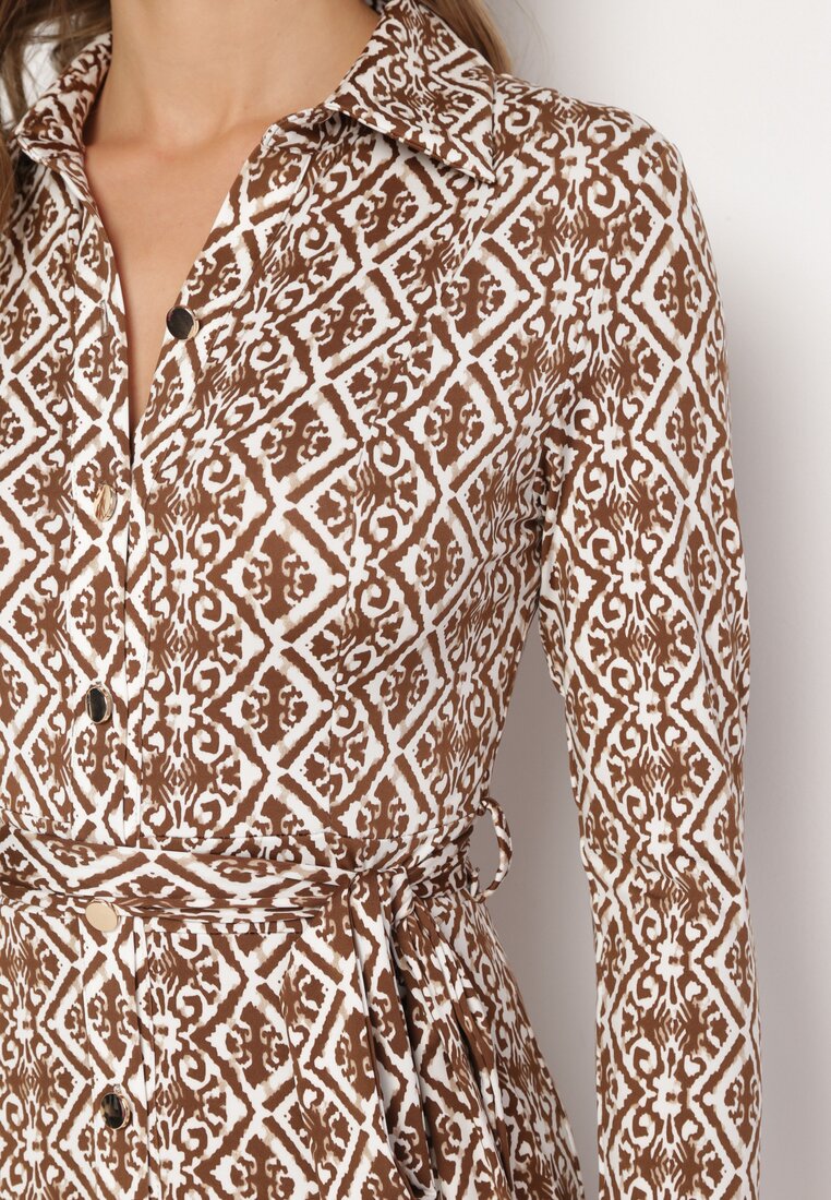 Beżowa Sukienka Koszulowa Midi z Wiązanym Paskiem i Mozaikowym Wzorem Ralisse