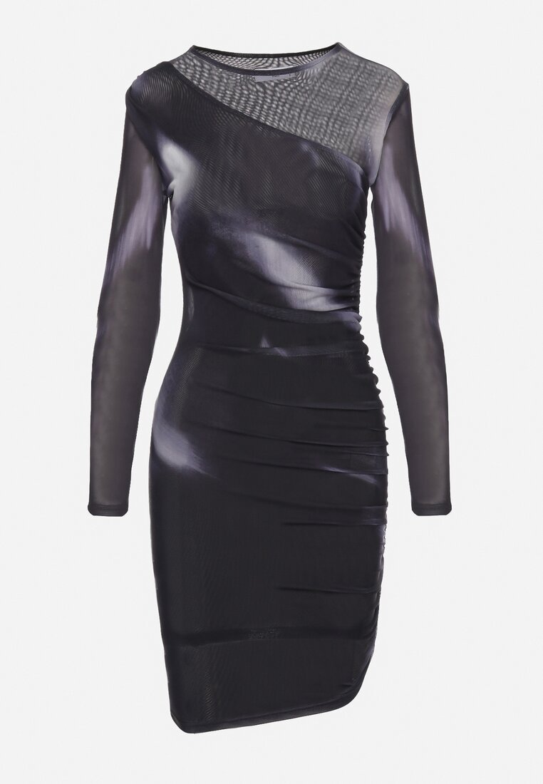 Czarna Taliowana Sukienka Siateczkowa w Abstrakcyjny Wzór Arivenni