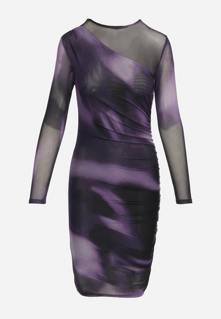 Czarno-Fioletowa Taliowana Sukienka Siateczkowa w Abstrakcyjny Wzór Arivenni