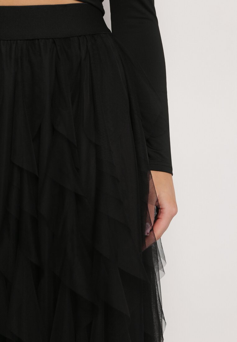 Czarna Spódnica Maxi Rozkloszowana z Przeźroczystego Tiulu Salvin