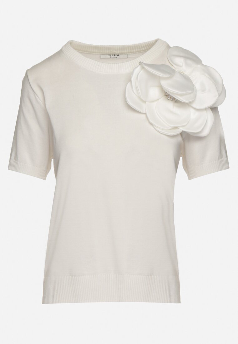 Biała Wiskozowa Bluzka z Aplikacją 3D Kwiatkiem Sallron