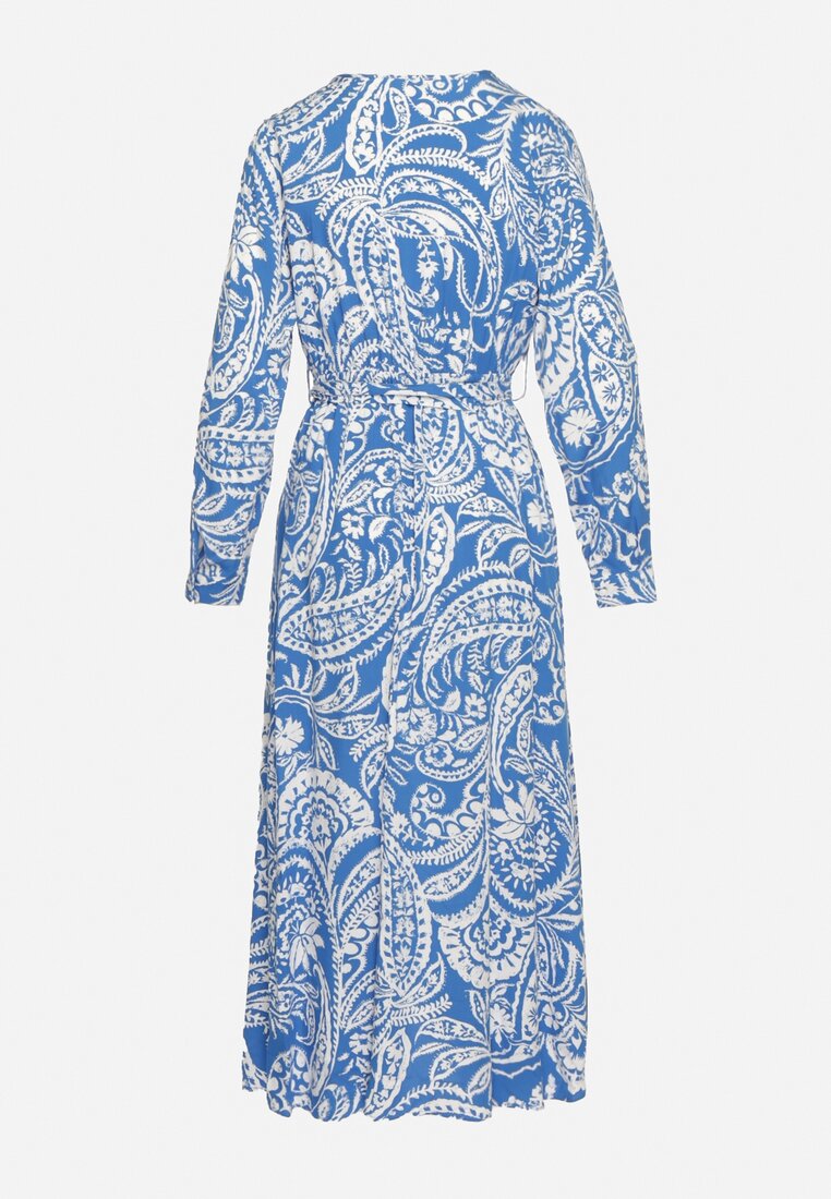 Niebiesko-Biała Wiskozowa Sukienka Midi z Wzorem Paisley i Wiązanym Paskiem Larniella
