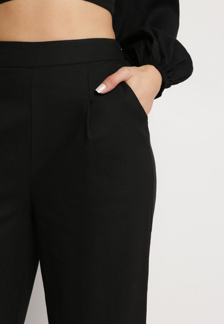 Czarne Szerokie Spodnie z Gumką w Talii z Lnem Araniells